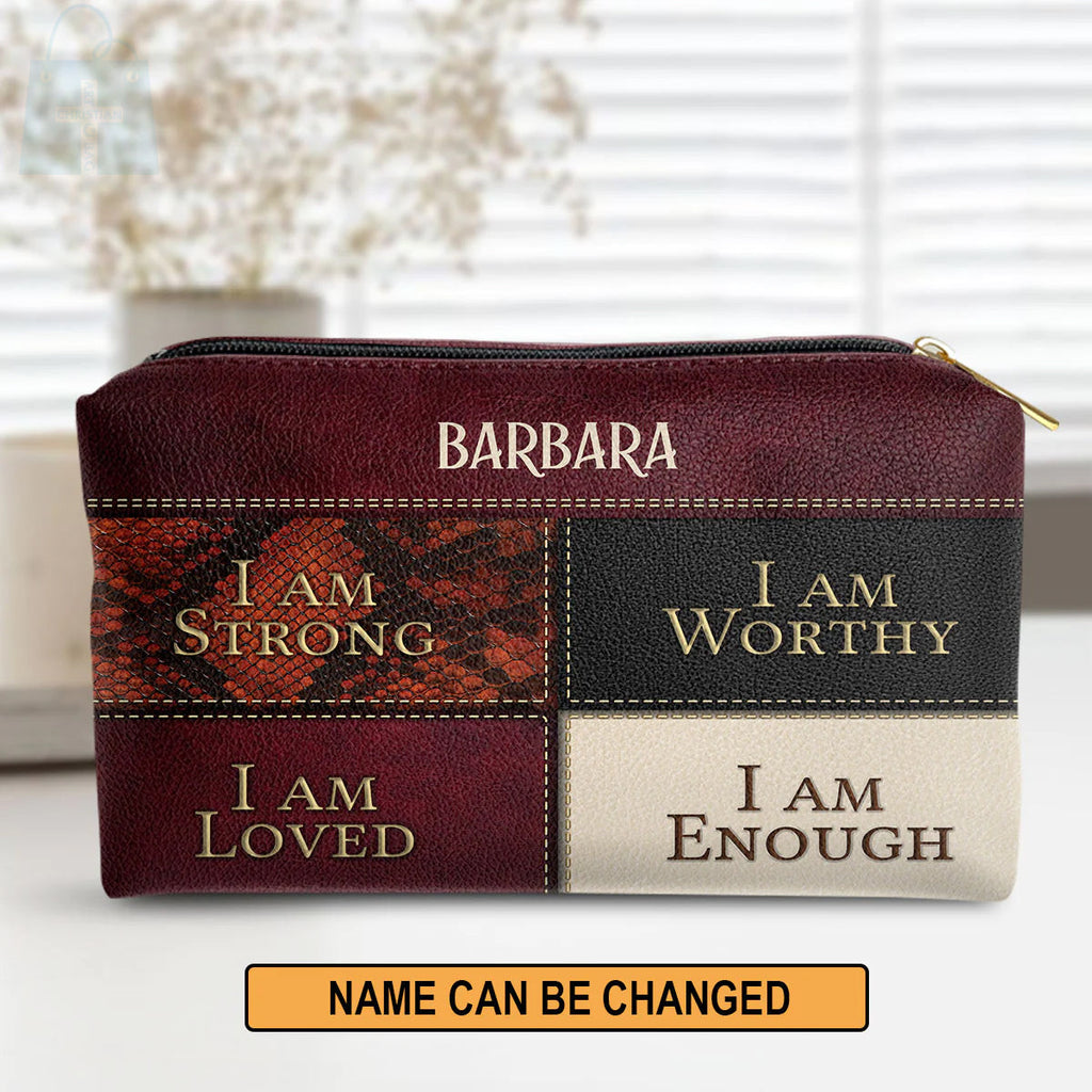 I Am Strong Personalized Leather Cosmetic Bag