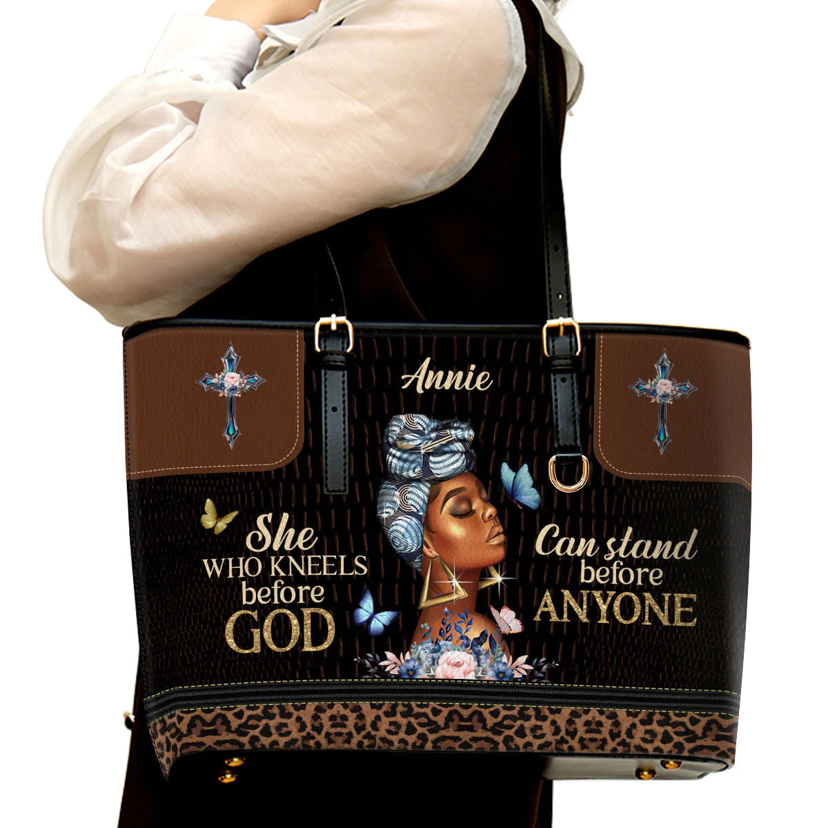 She Who Kneels Before God Leather Tote Bag