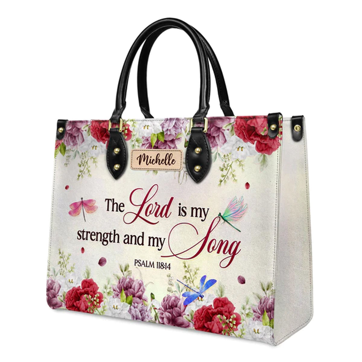 Psalm 118:14 Dragonfly Floral Leather Tote Bag