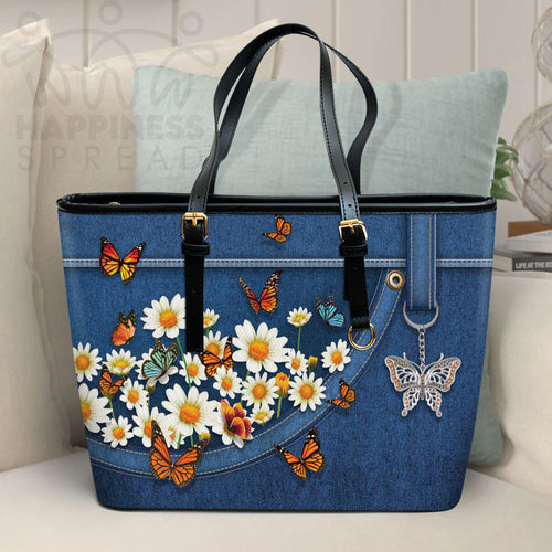 Daisy & Butterfly Personalized Leather Tote Bag