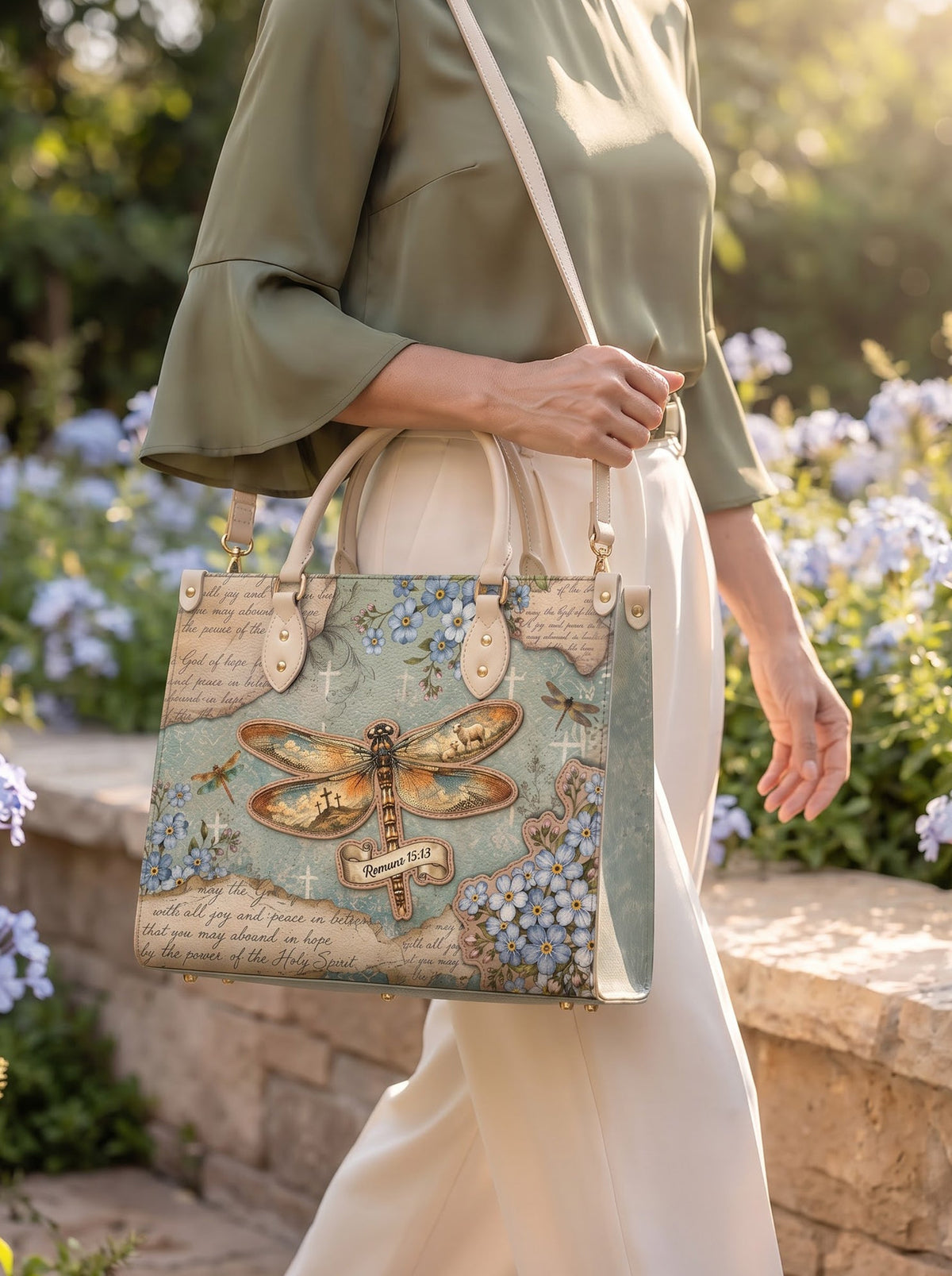 Hope Rising Romans 15:13 Applique Leather Handbag