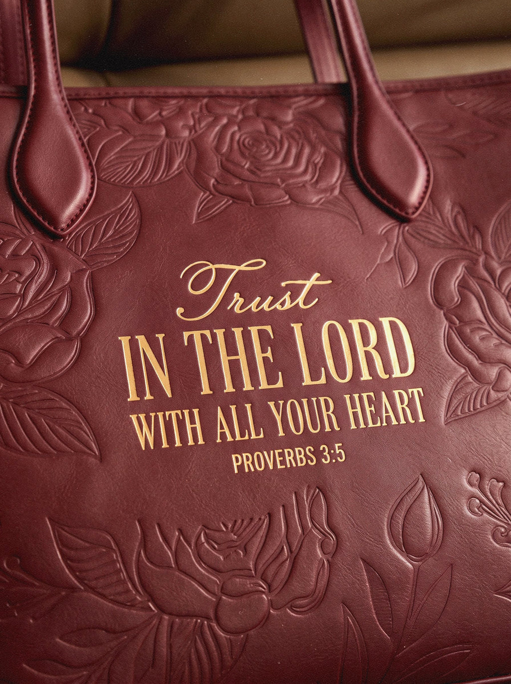 Proverbs 3:5 Cherry Wine Embossed Tote Bag