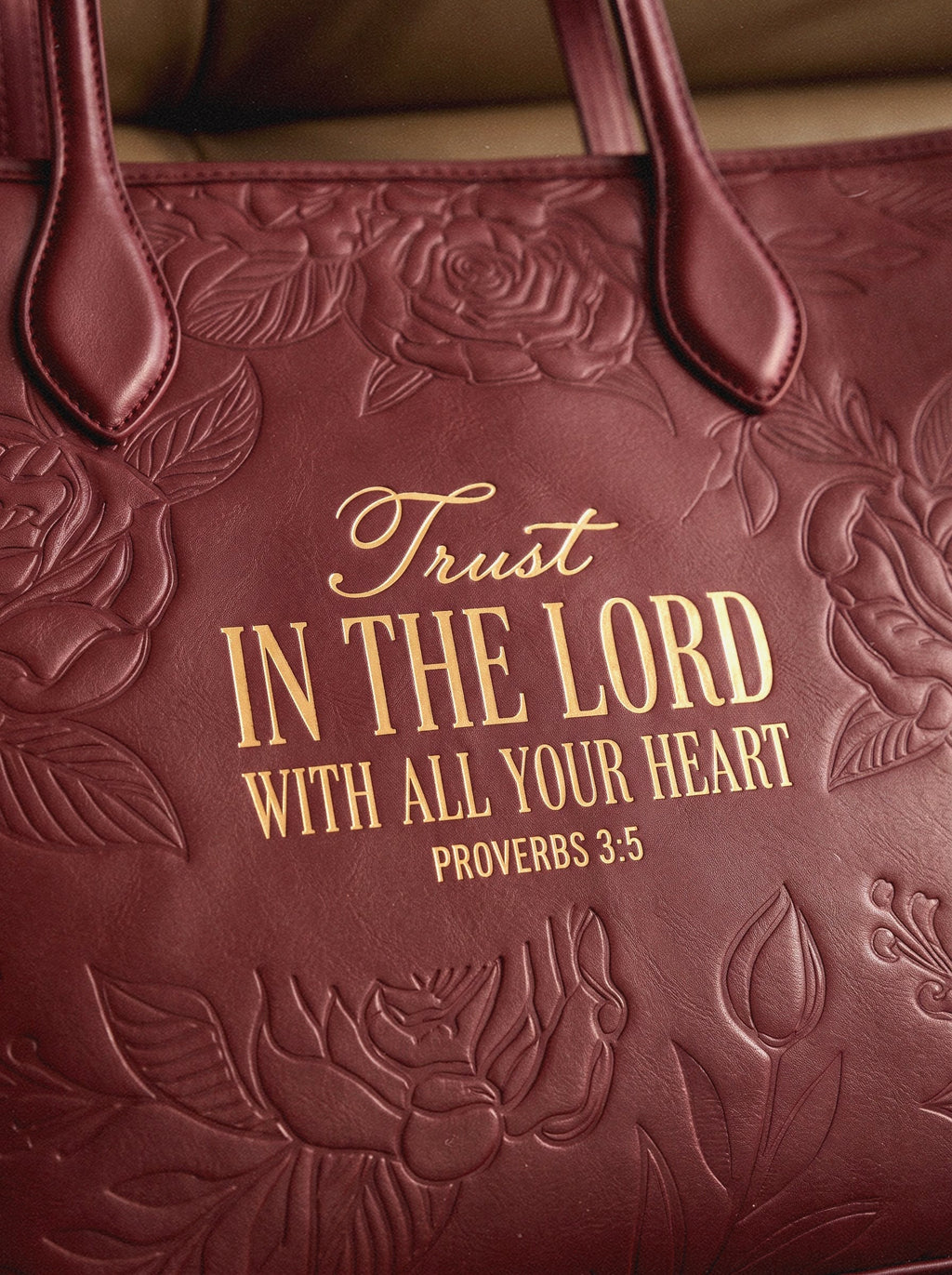 Proverbs 3:5 Cherry Wine Embossed Vegan Tote