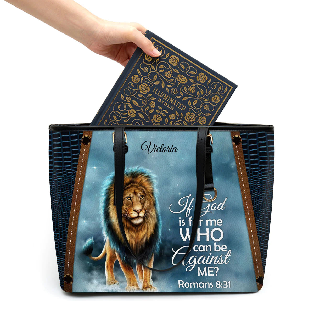 Romans 8:31 Personalized Leather Tote Bag