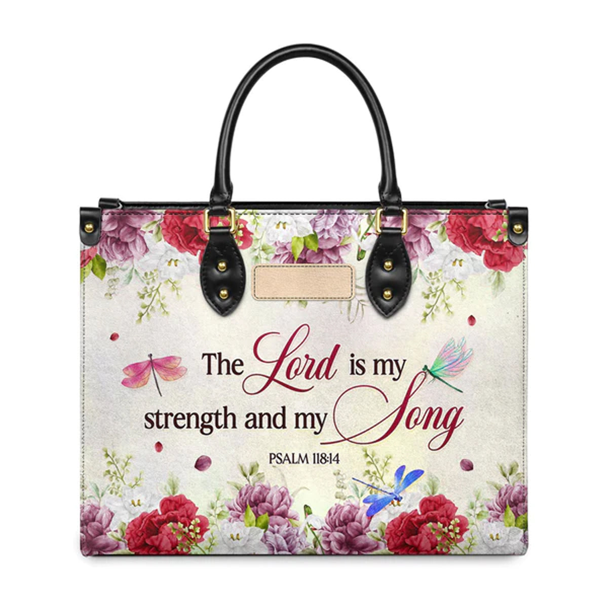 Psalm 118:14 Dragonfly Floral Leather Tote Bag