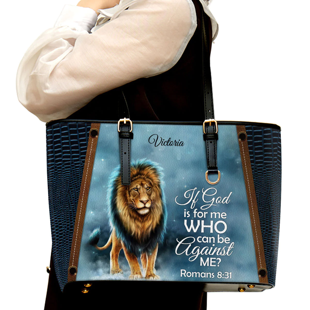 Romans 8:31 Personalized Leather Tote Bag