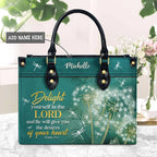 Psalm 37:4 Dandelion Dragonfly Leather Tote