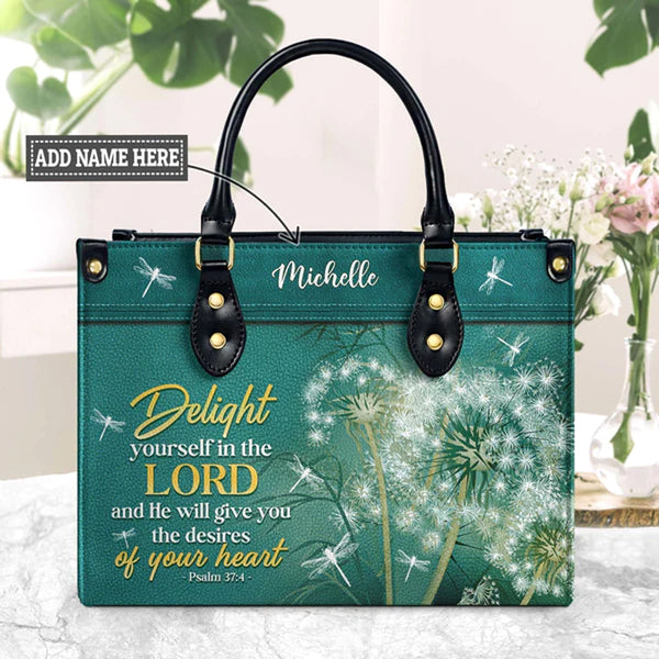 Psalm 37:4 Dandelion Dragonfly Leather Tote