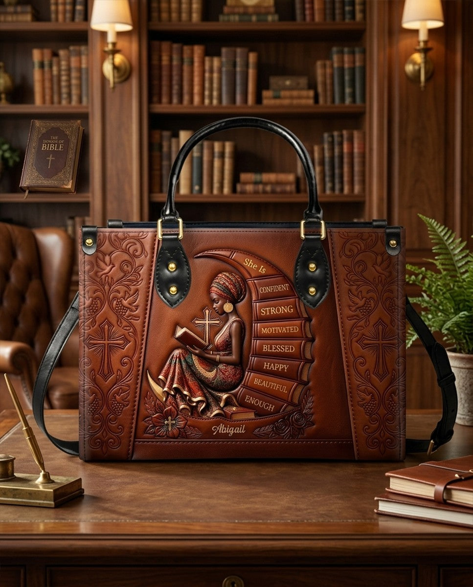 Personalized "She Is" Christian Leather Handbag