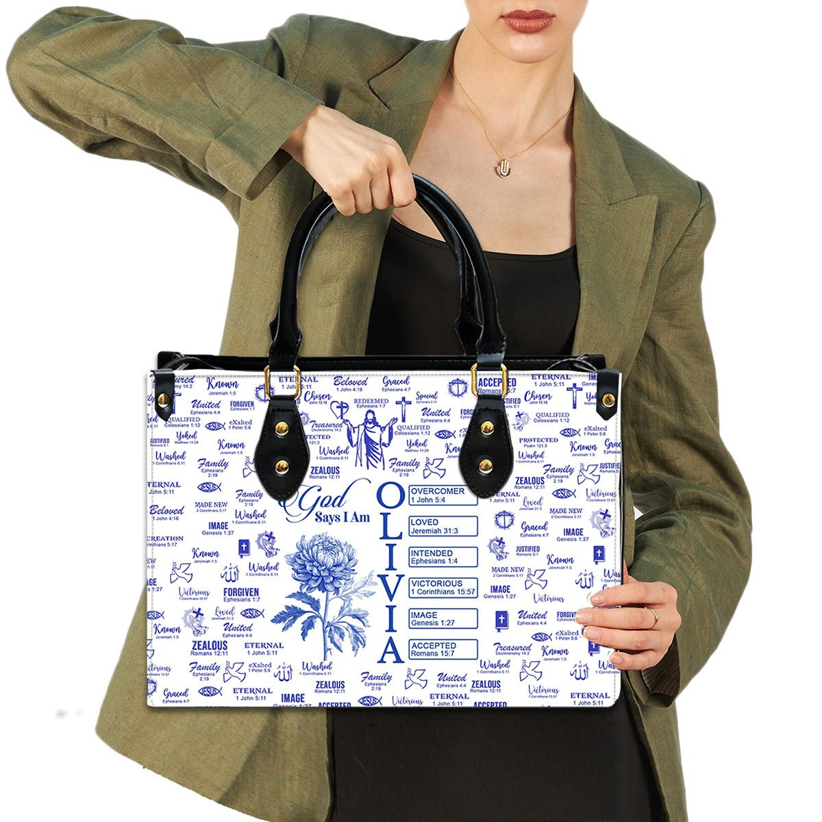 Personalized Christian Birth Flower Leather Tote