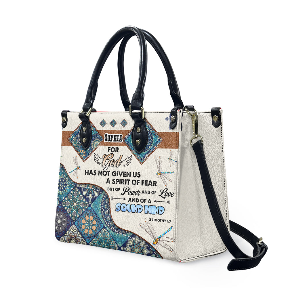 2 Timothy 1:7 Dragonfly Mandala Leather Handbag