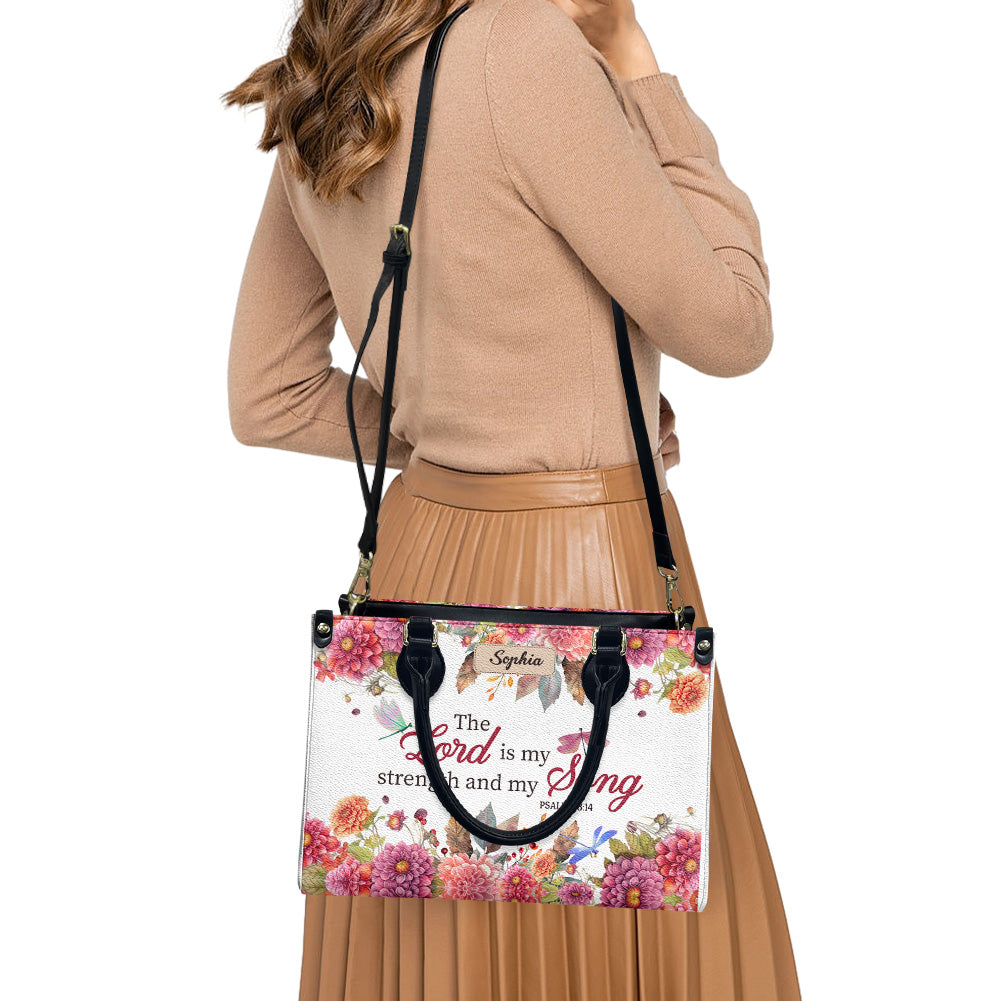 Psalm 118:14 Dragonfly Flower Leather Bag