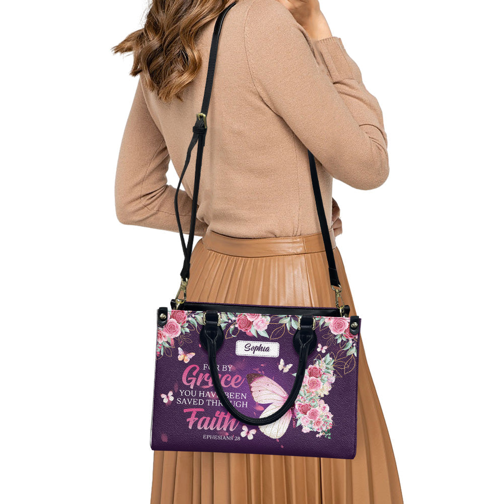 Ephesians 2:8 Floral Butterfly Leather Handbag