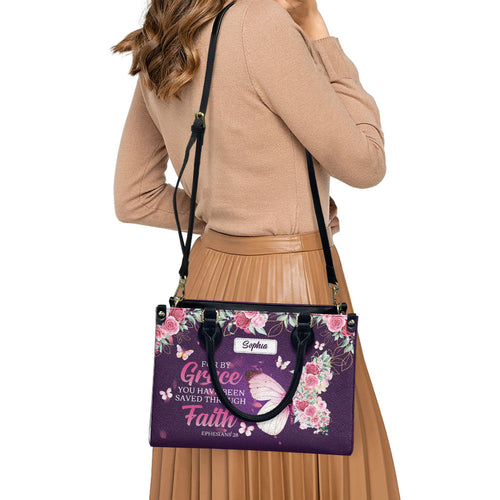 Ephesians 2:8 Floral Butterfly Leather Handbag