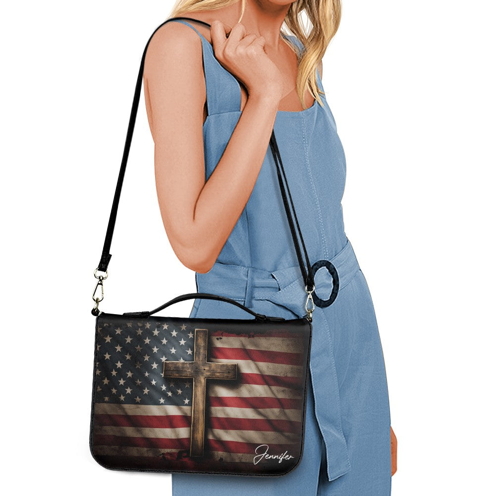 Personalized American Flag & Cross Bible Cover