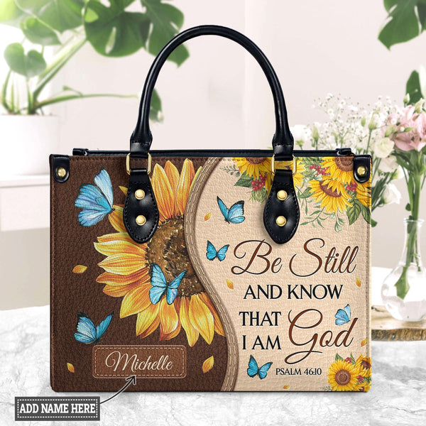 Psalm 46:10 Sunflower Butterfly Leather Handbag