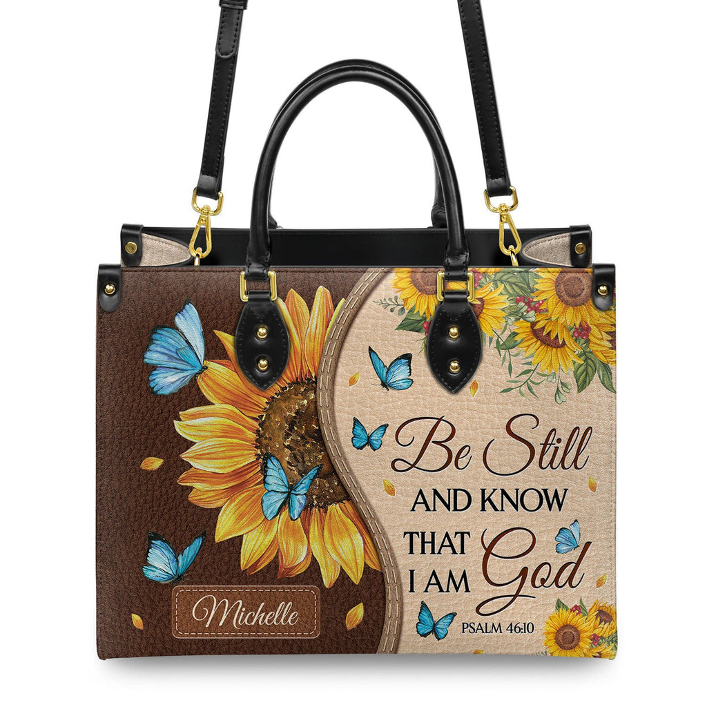 Psalm 46:10 Sunflower Butterfly Leather Handbag