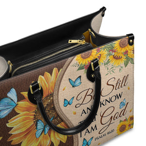 Psalm 46:10 Sunflower Butterfly Leather Handbag