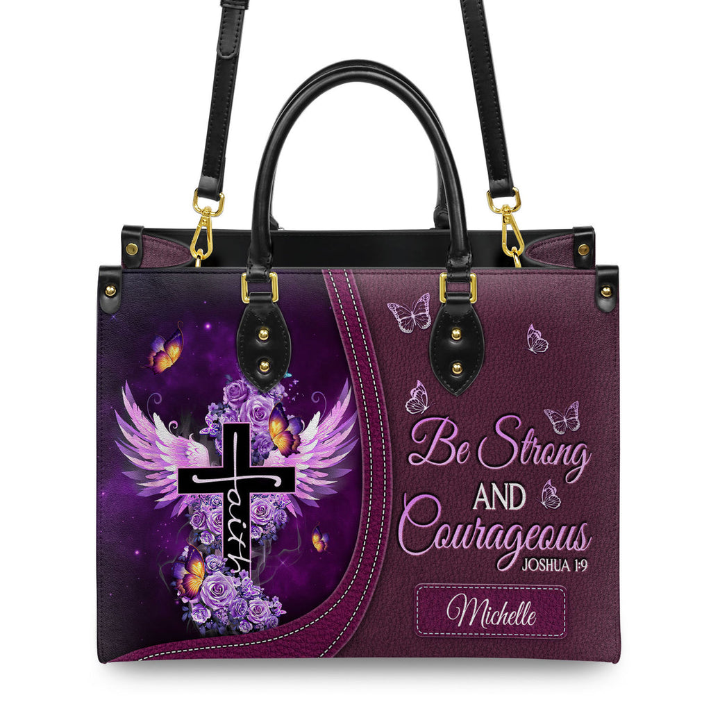Joshua 1:9 Butterfly Purple Rose Leather Handbag