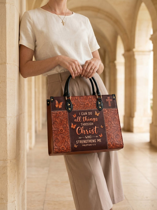Believe Philippians 4:13 Leather Handbag