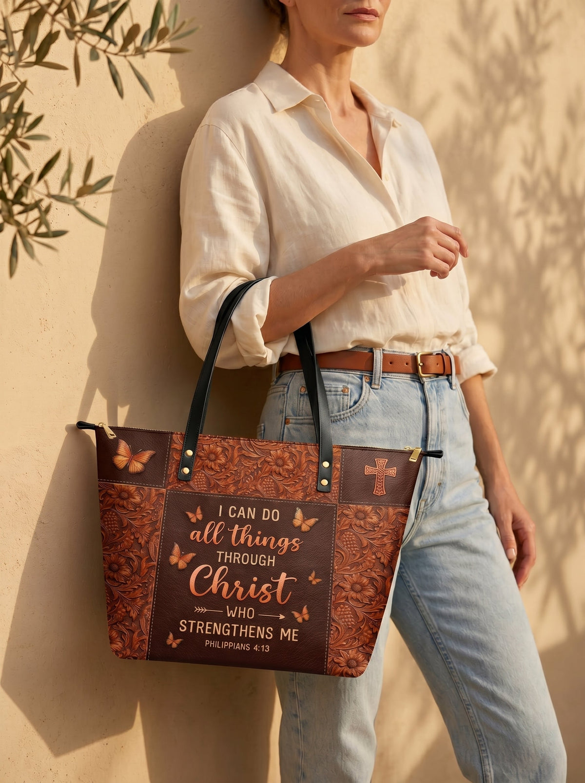Believe Philippians 4:13 Leather Tote Bag
