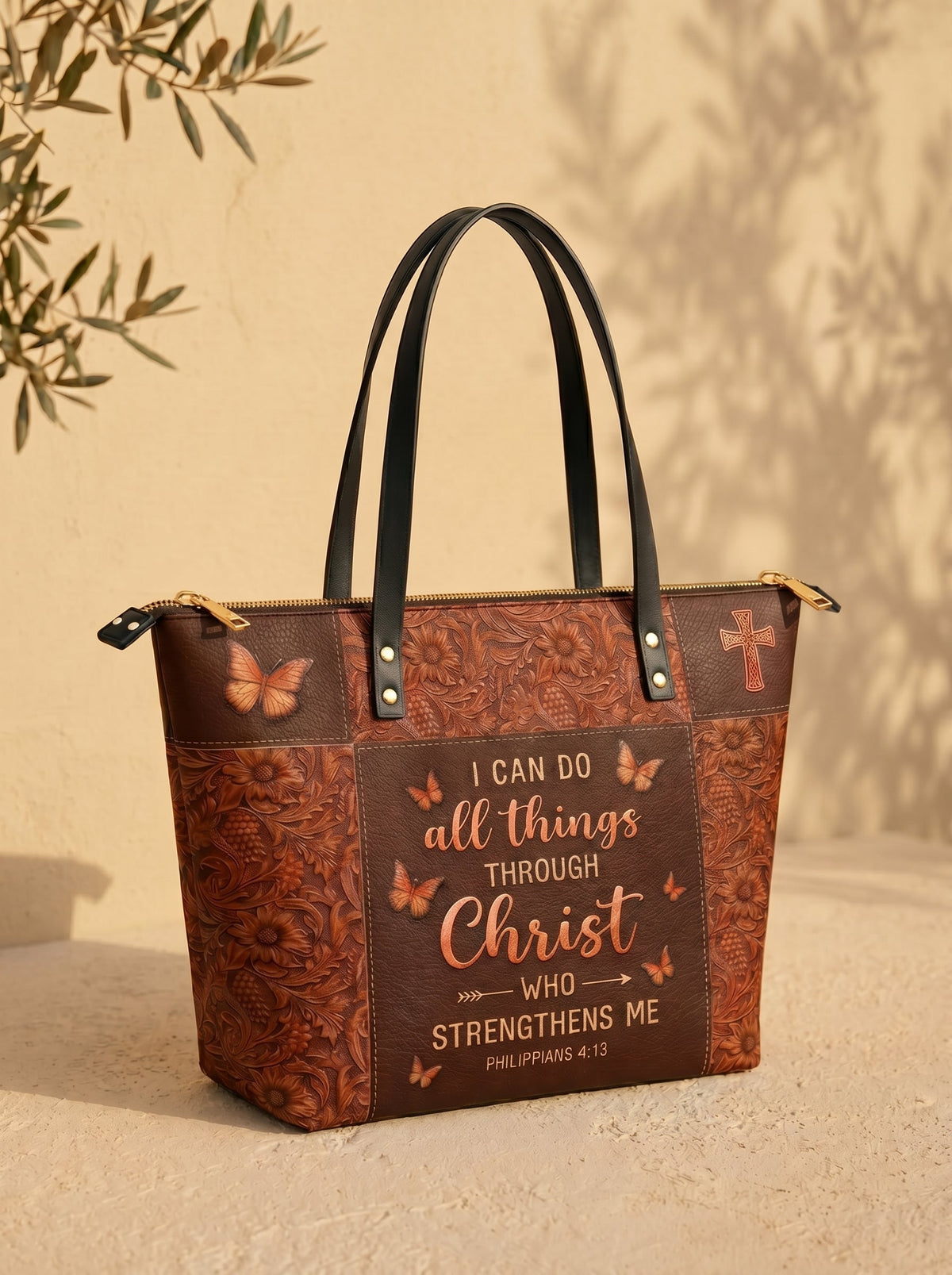 Believe Philippians 4:13 Leather Tote Bag