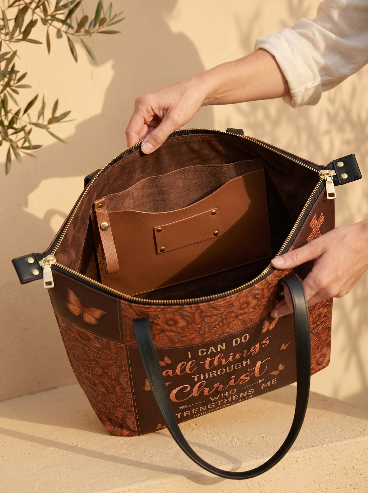 Believe Philippians 4:13 Leather Tote Bag