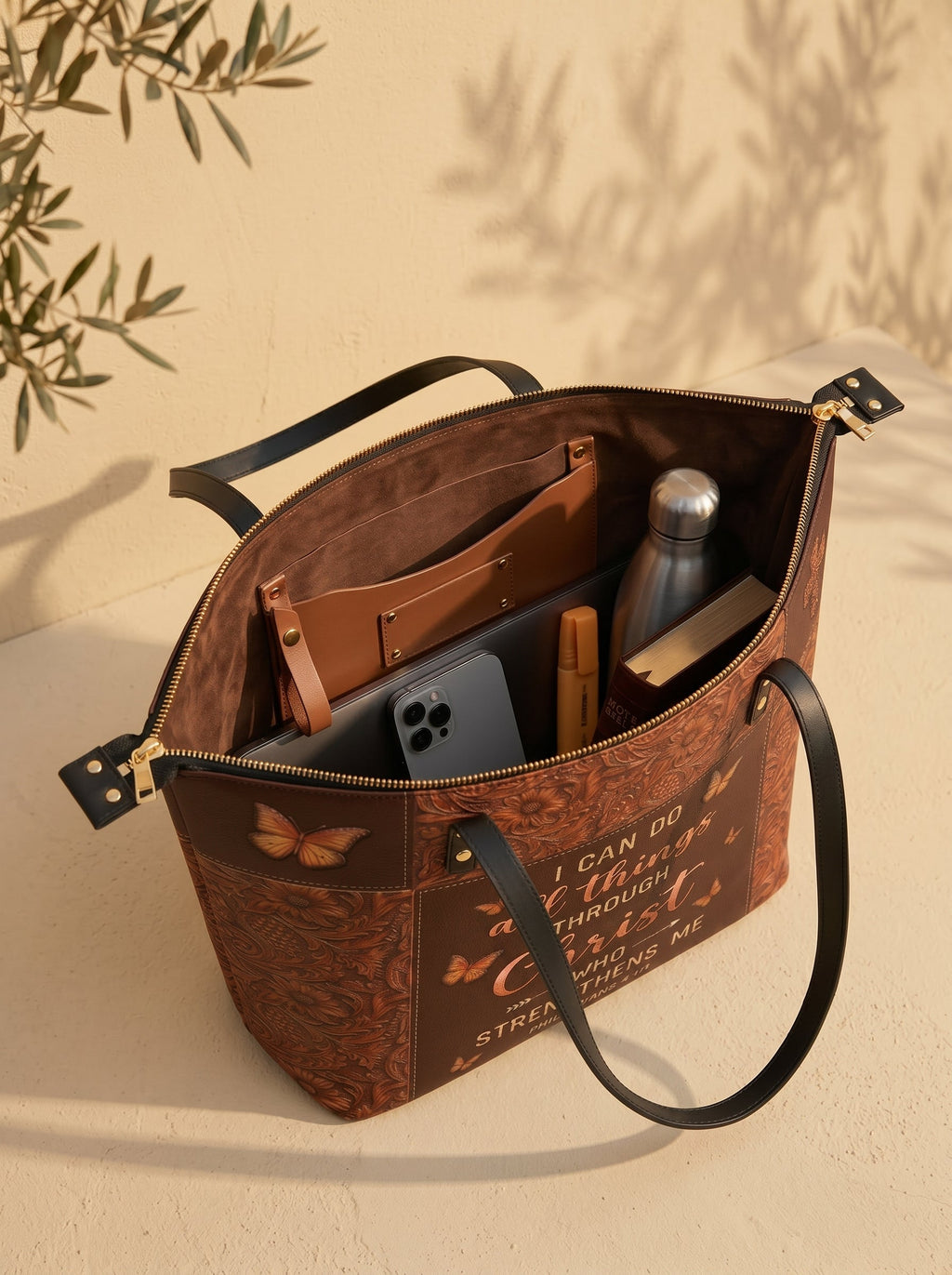 Believe Philippians 4:13 Leather Tote Bag