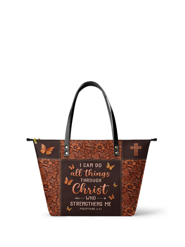 Believe Philippians 4:13 Leather Tote Bag
