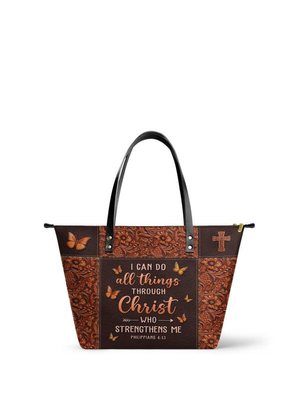Believe Philippians 4:13 Leather Tote Bag