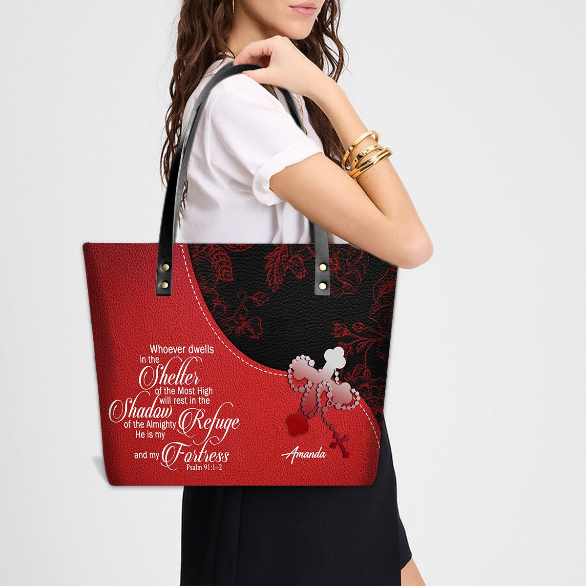 Personalized Bible Verse Red Leather Tote Bag