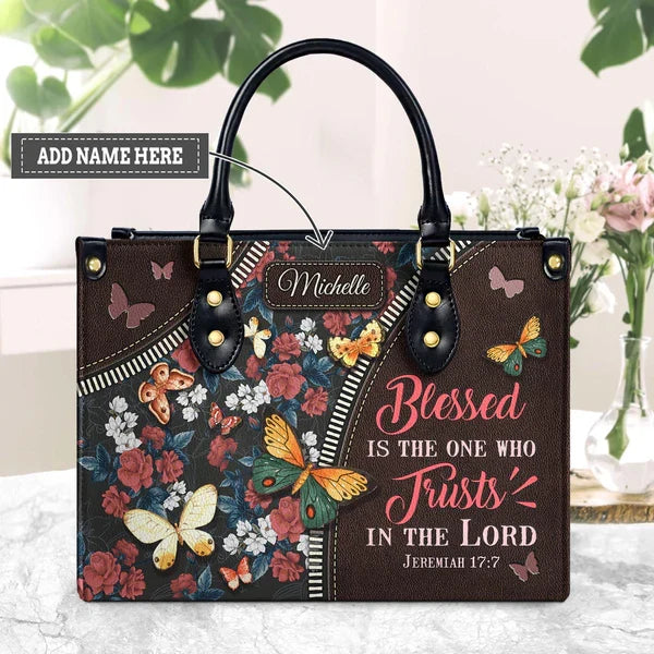Jeremiah 17:7 Butterfly Floral Leather Handbag