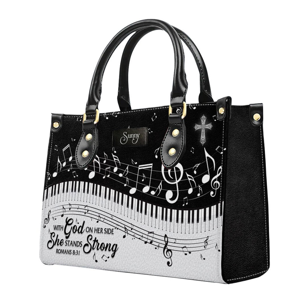 She Stands Strong Romans 8:31 Leather Handbag