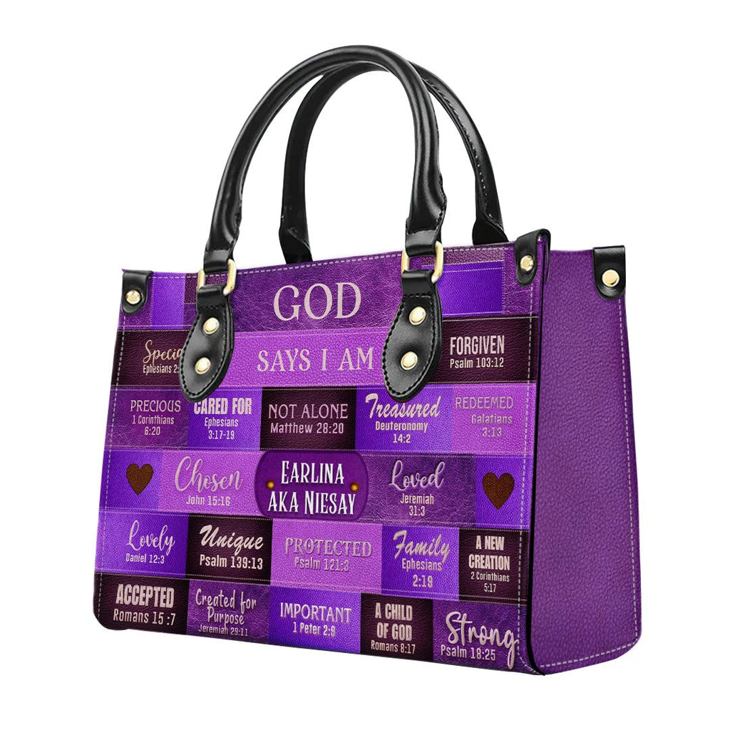 God Says You Are Personalized Purple Leather Tote