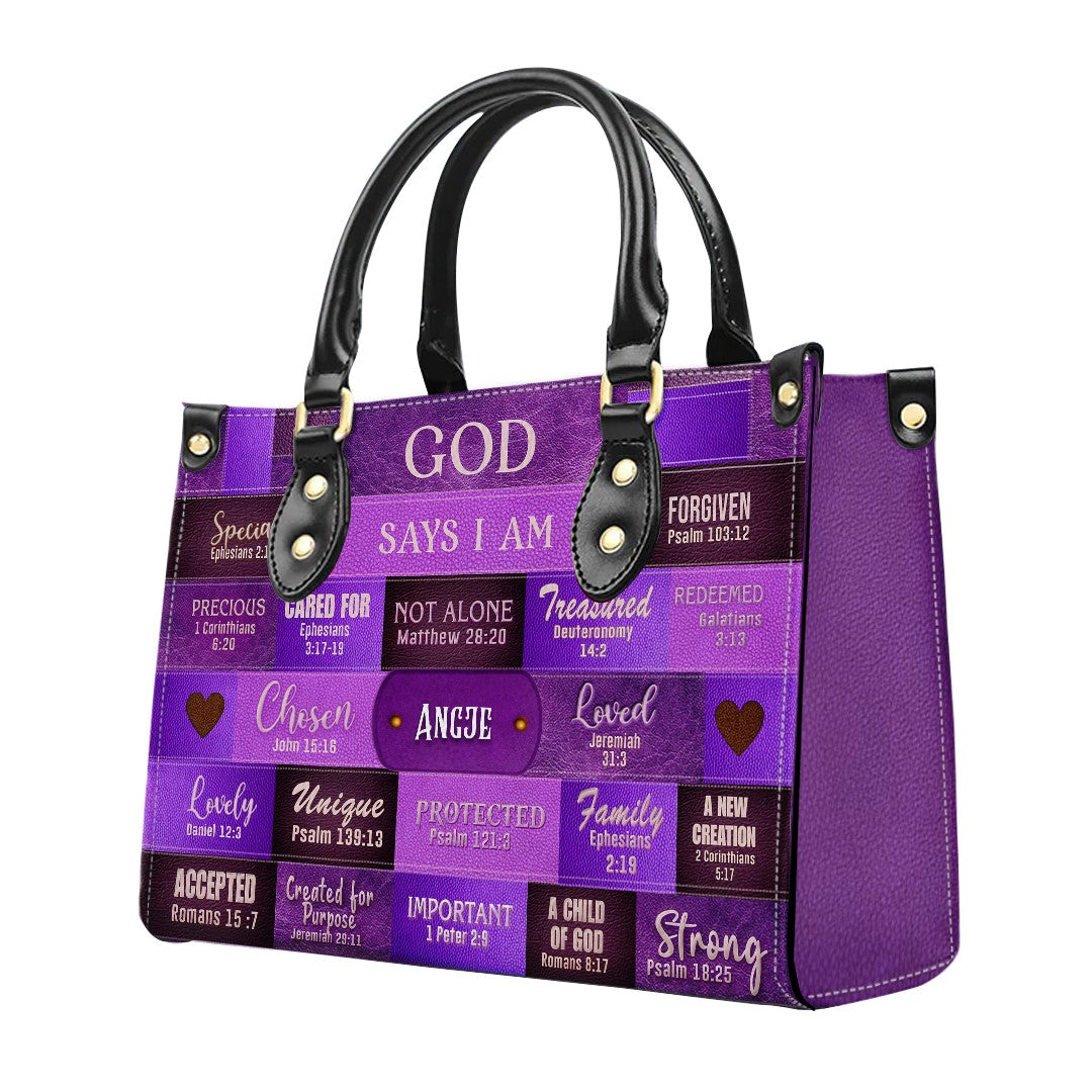 God Says I Am Personalized Leather Tote Handbag