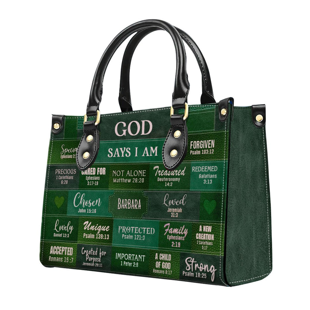 Personalized God Says I Am Green Leather Handbag