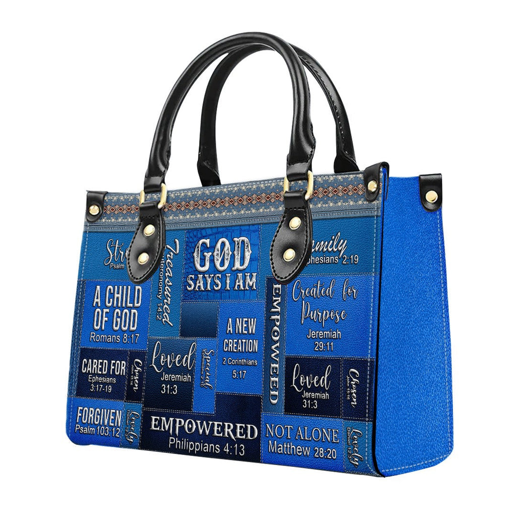 Personalized God Says I Am Blue Leather Handbag