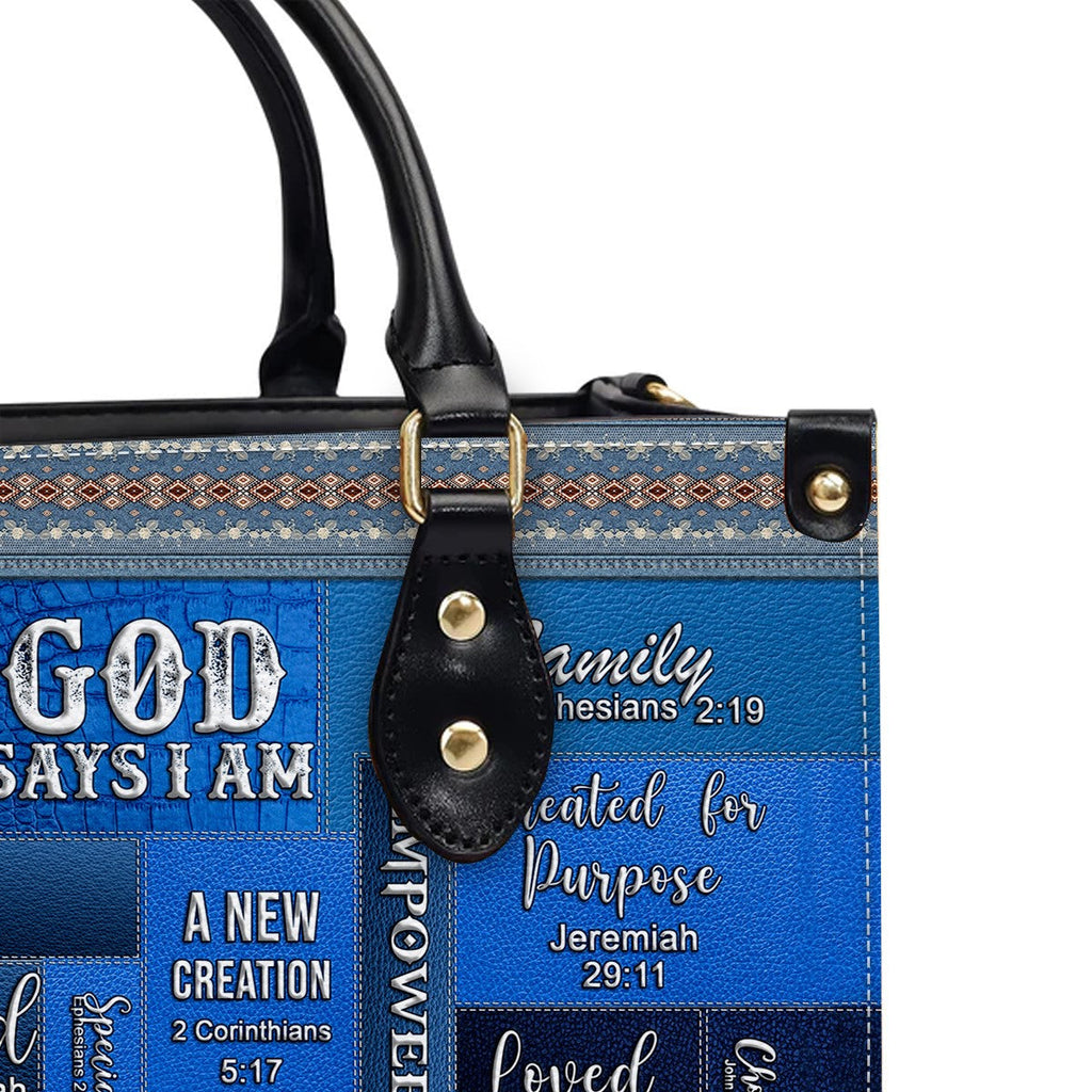 Personalized God Says I Am Blue Leather Handbag