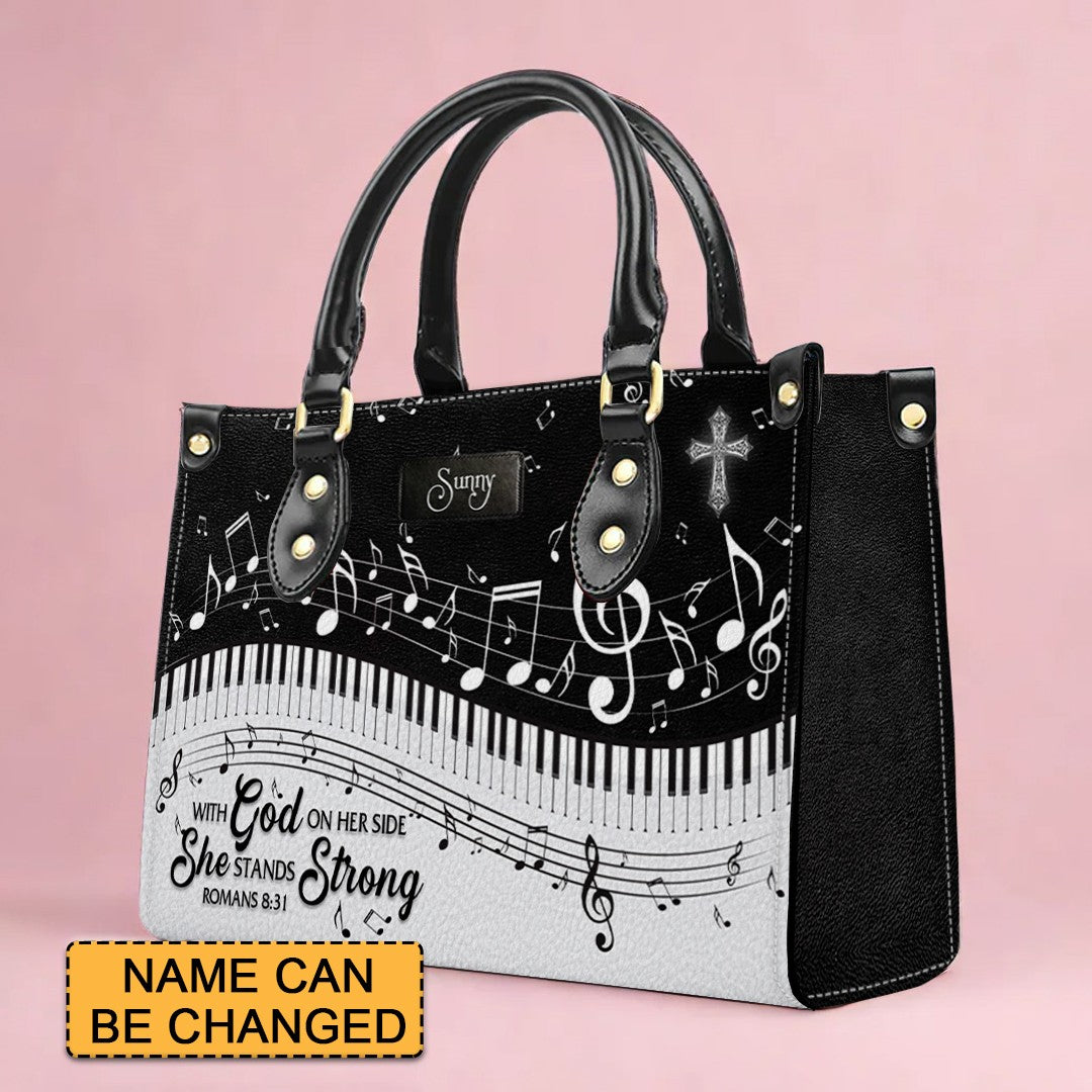 She Stands Strong Romans 8:31 Leather Handbag