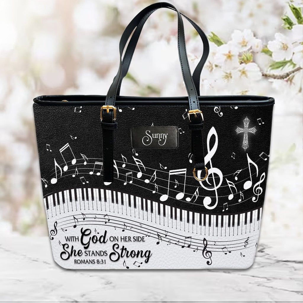 She Stands Strong Romans 8:31 Leather Handbag