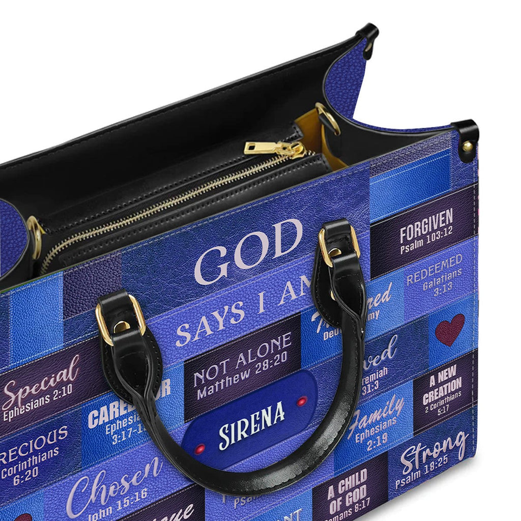 Personalized God Says I Am Blue Leather Handbag