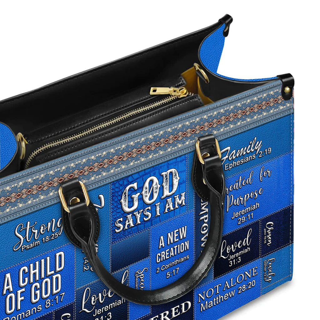 Personalized God Says I Am Blue Leather Handbag