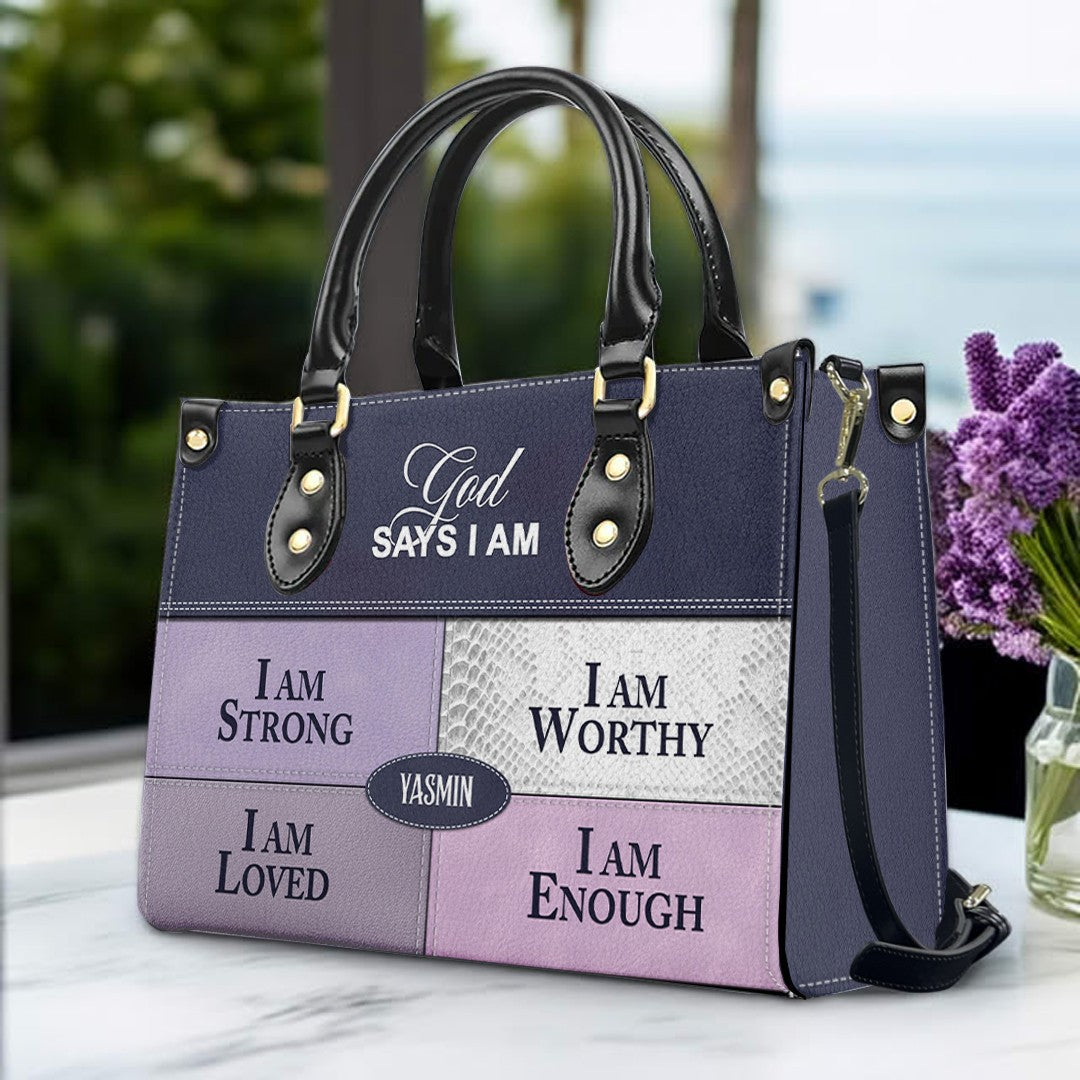 God Says I Am Personalized Leather Tote Bag