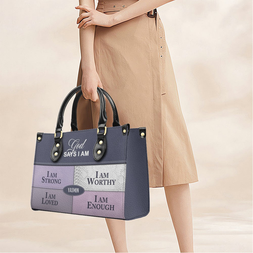 God Says I Am Personalized Leather Tote Bag