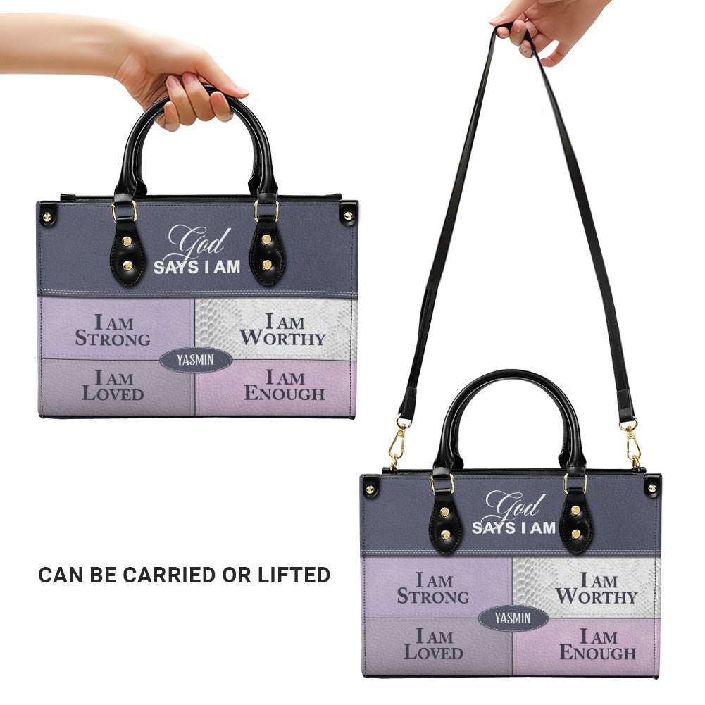 God Says I Am Personalized Leather Tote Bag