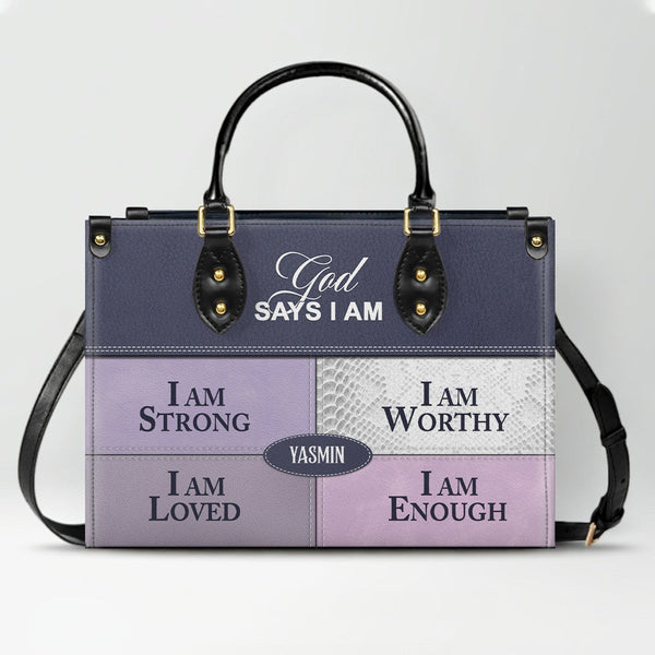 God Says I Am Personalized Leather Tote Bag
