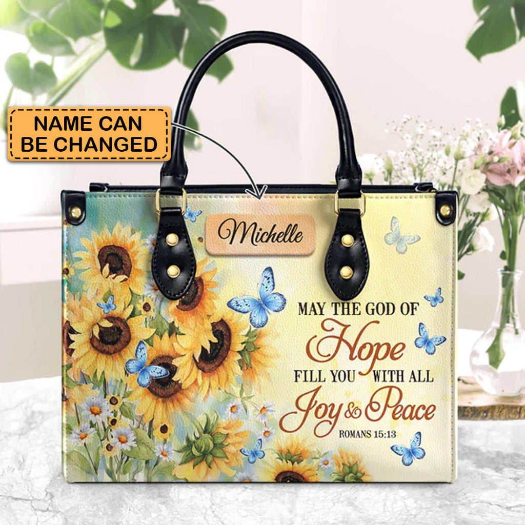 Romans 15:13 Butterfly Sunflower Leather Handbag