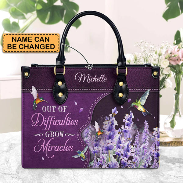 Hummingbird Miracle 1 Peter 5:10 Leather Handbag
