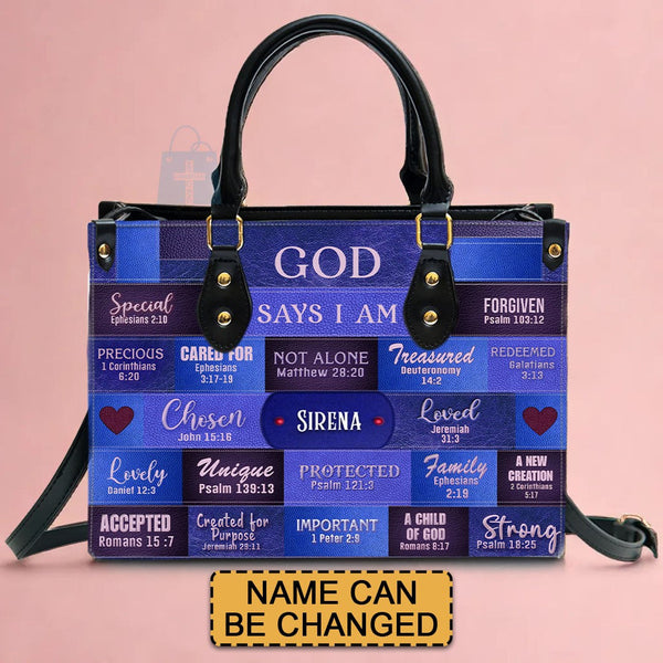 Personalized God Says I Am Blue Leather Handbag