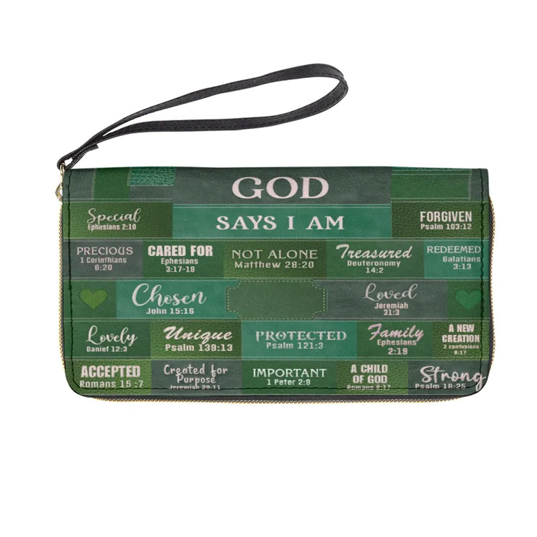 God Says I Am Personalized Leather Clutch Purse